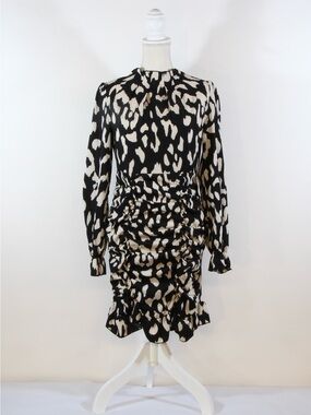 SHEIN Black and Cream Animal-Print Long Sleeve Ruched Dress